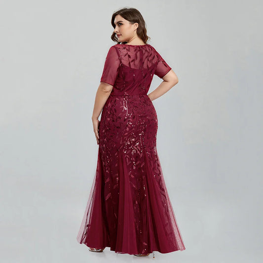 Women Plus Size Sequin Mesh Embroidery Mermaid Evening Dress Formal Short Sleeve Elegant Party Prom Gowns 2020 New Long Dress