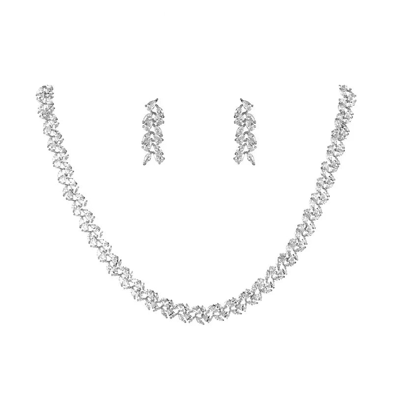 Marquise Cut Cubic Zirconia Tennis Necklace and Earring Elegant Wedding Bridal Jewelry Set