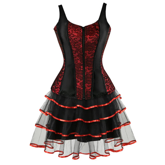 Overbust Corset Top with Straps Jacquard Corset Bustier Zipper Plus Size for Women Corset Dress with Skirt Black Red purple