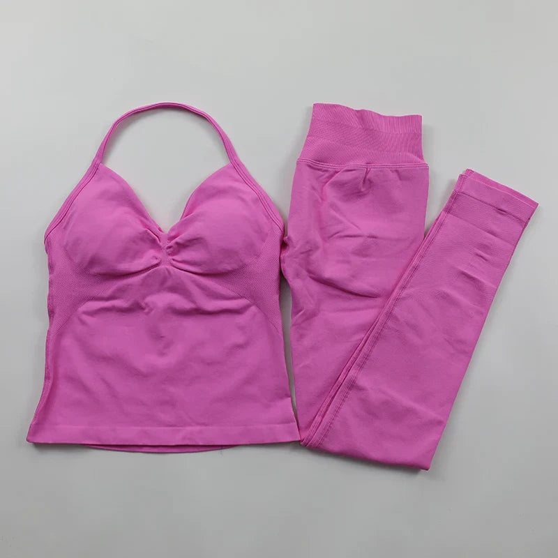 Yoga Longline Strappy Top Leggings Set Women's Backless Camisole Built-In bra Vest High-Waisted Hip Lift Gym Shorts Sports Set