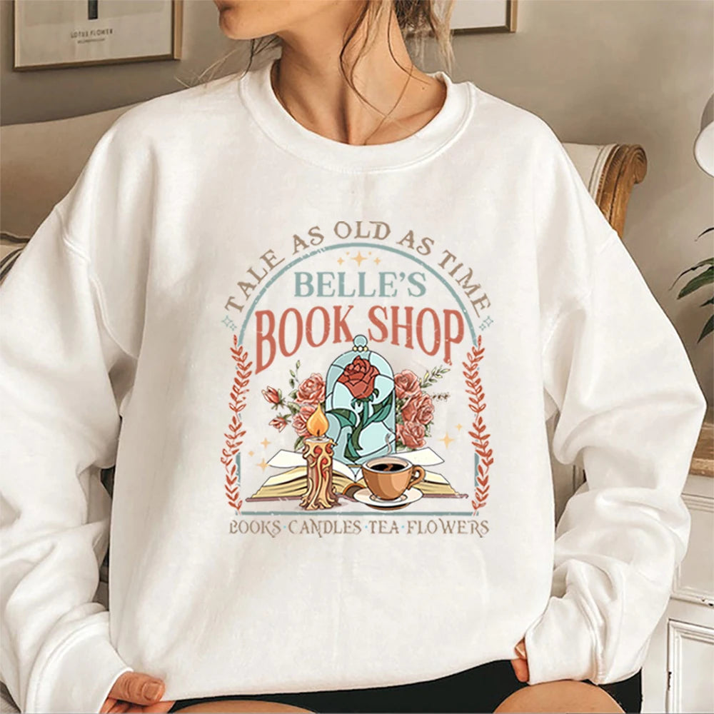 Vintage Belle's Book Shop Sweatshirt Women Tale As Old As Time Hoodie Beauty Beast Shirt Aesthetic Princess Trendy Sweatshirts