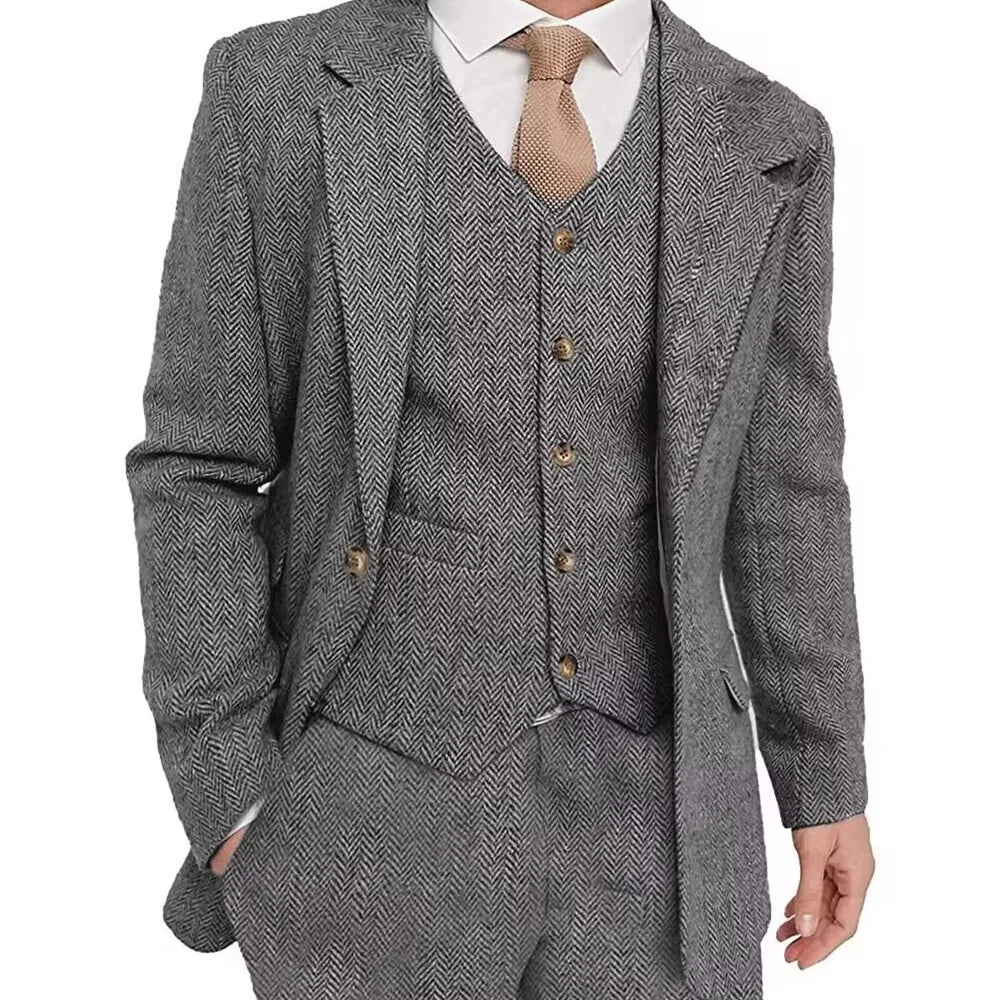 Brown Tweed Sharkskin Men's Formal Suit 3-Piece Smoking Jacket Vest Trousers Business Wedding Grooming