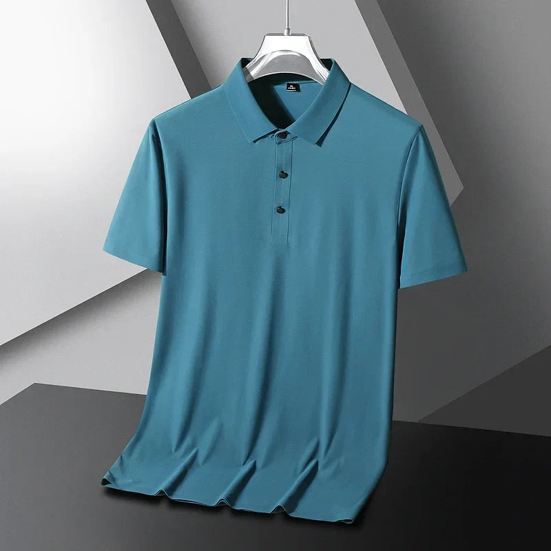 Summer Ice Silk Polo Shirt High-End T-Shirt Solid Color New Half Sleeve Non-Marking Casual Lapels Business Thin Menswear 2025