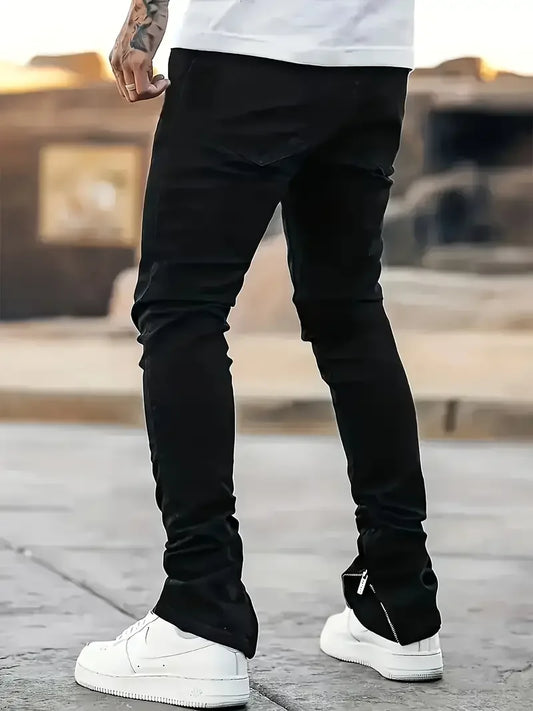 Men's Slim Fit Black Jeans - Street Style, Cotton Blend, Mid-Stretch Fabric, Ripped Detail, All-Season Wear
