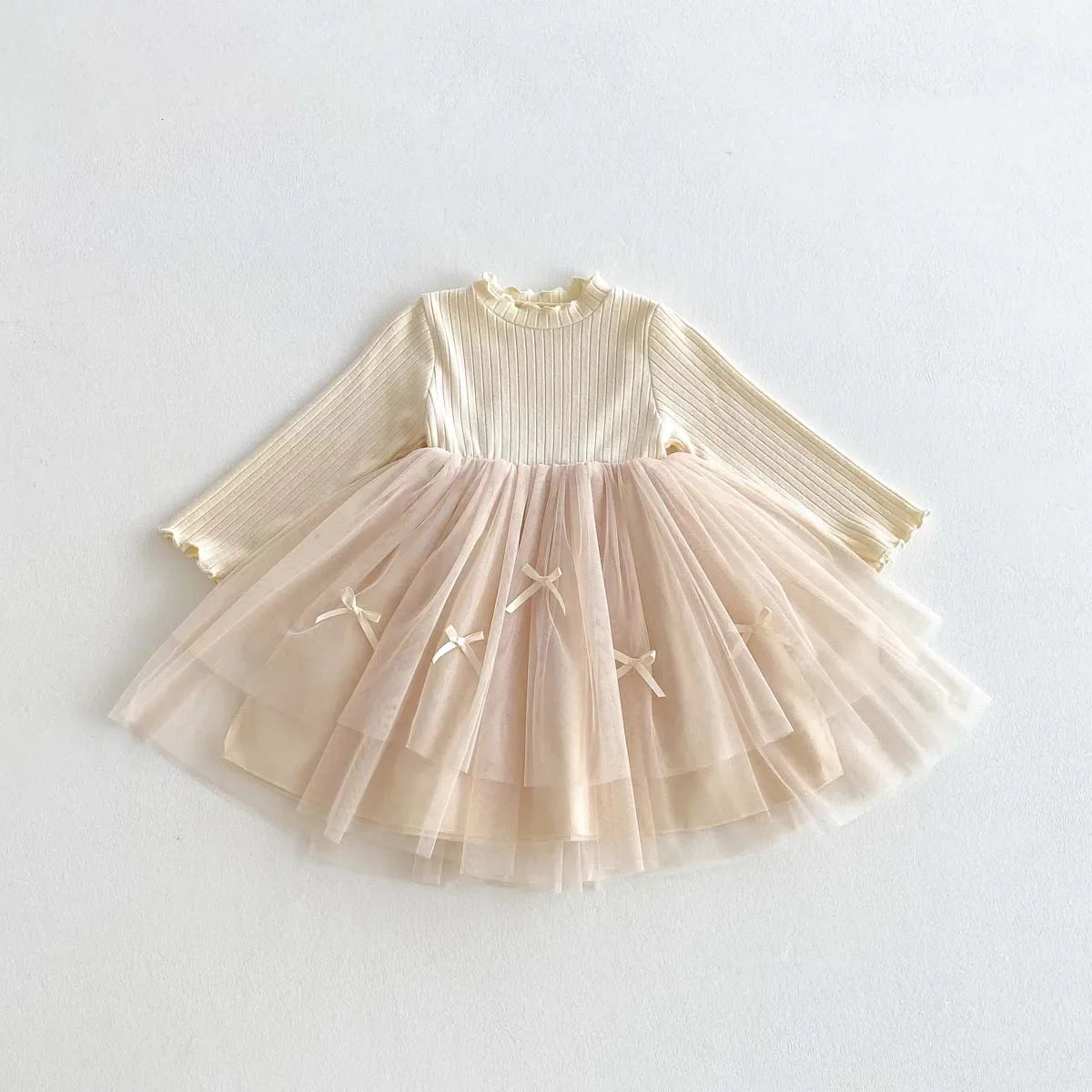 Autumn and Winter Fashion Toddler Girls Long Sleeve Mesh dress Pit Strip Ear Edge Bow Mesh Autumn and Winter dress Princess Gift