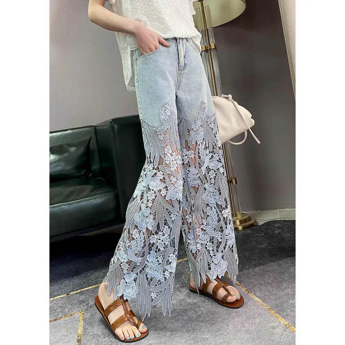 Vintage Flower Hollowed-out Jeans Cool Pants
