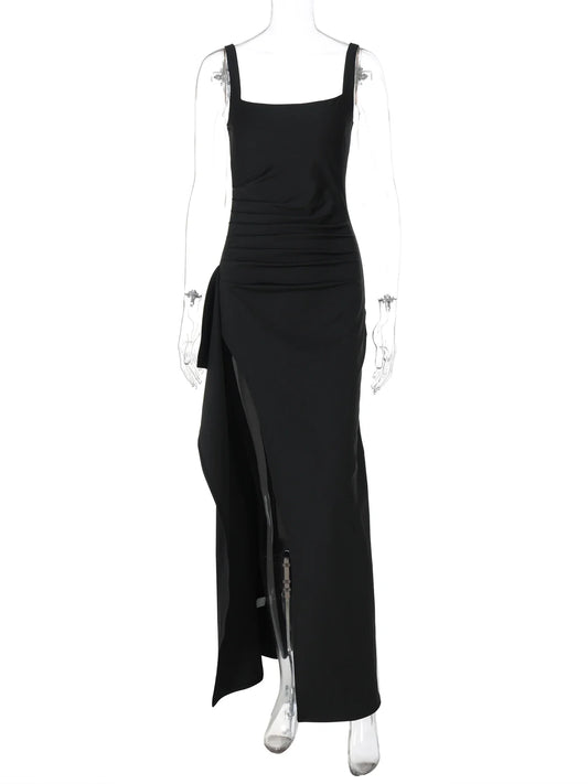 Women Elegant Solid Straps Slit Ruched Patchwork Sexy Bodycon Maxi Dress Summer Outfits Evening Party Birthday Festival