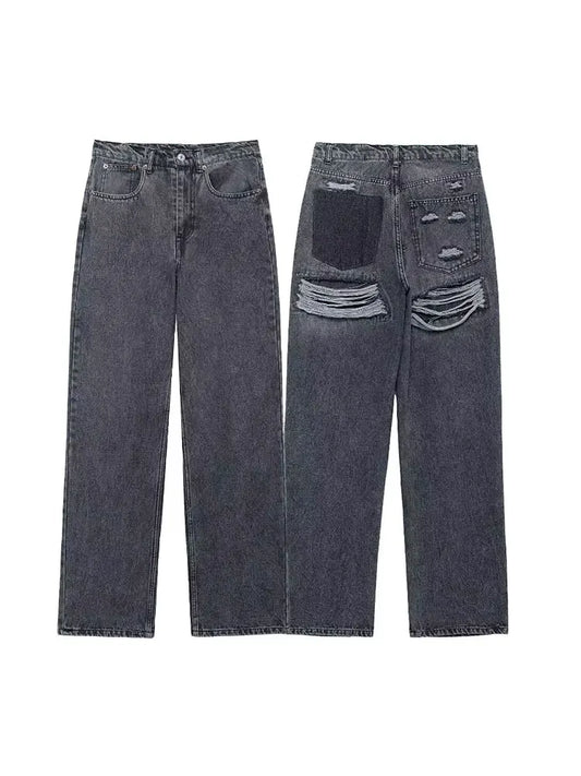 Women's Street Fashion Denim Blue Jeans Distressed Patchwork High Waist Zipper Fly Ripped Retro Long Pants