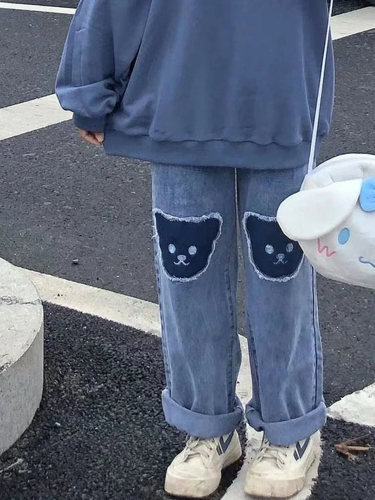 Calça Jeans Infantil Estampa Urso Fofo Hip Hop Menina Calça Harem