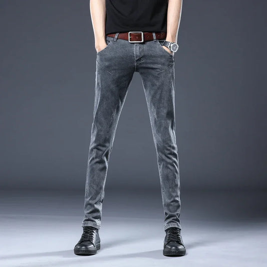 2026 New Gray Skinny Jeans Men's Slim Elastic Korean Fashion Vintage Casual Feet Male Clothing Denim Trousers 27-36