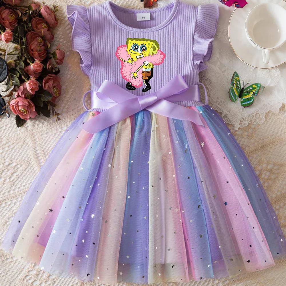Sweet Girls Flying Sleeves Bow Sequin Dress Kids Baby Girl Birthday Party Fluffy Tutu Princess Dress 1-5Y