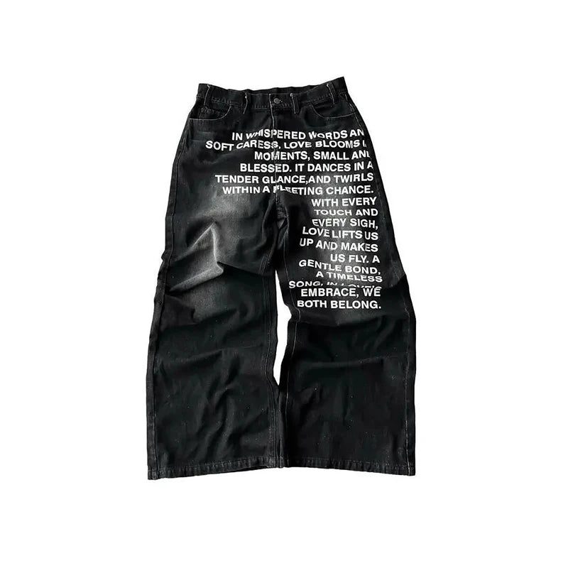 Calça Jeans Streetwear Retrô Hip-Hop Masculina Casual Perna Larga Estampada Solta
