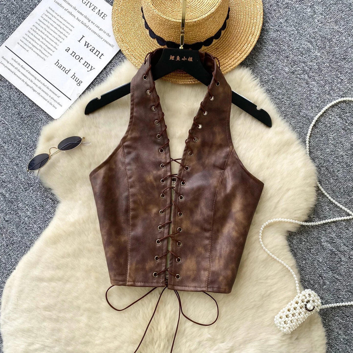 New Sexy Crop Top Inside Women Black PU Leather Rope Strap Hollow Out Punk Style Tank Tops Vest Fashion Backless Club Party Wear
