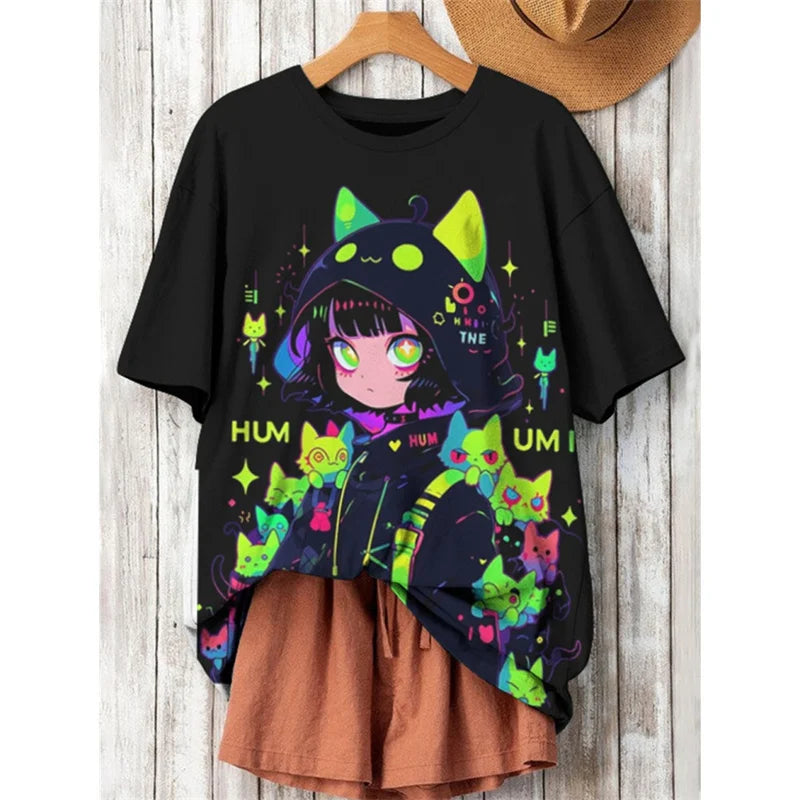 3D Printed Fashion Cat T Shirt For Women Japanese Cartoon Pattern Short Sleeves Summer Casual O-Neck Tops Tees Harajuku T-Shirts
