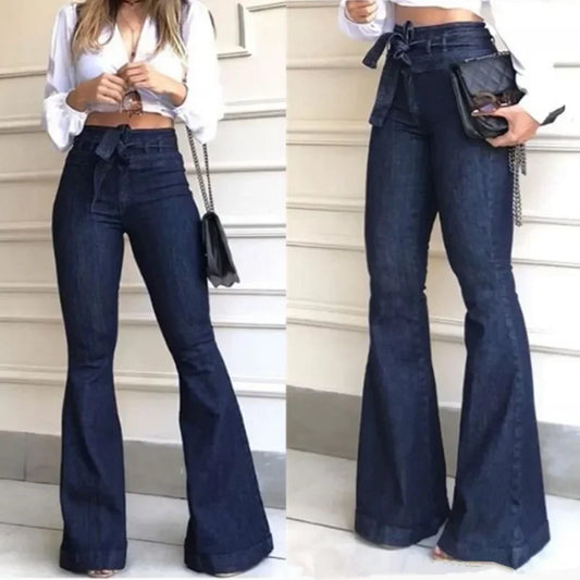 Women Flare Pants Zipper Fly Flat Pockets Streetwear Denim Jeans