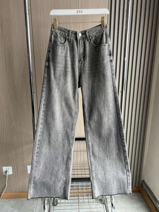 ETJ Wide-leg high-waisted jeans women's classic everything with five pockets washed soft comfortable ultra-long jeans6045022