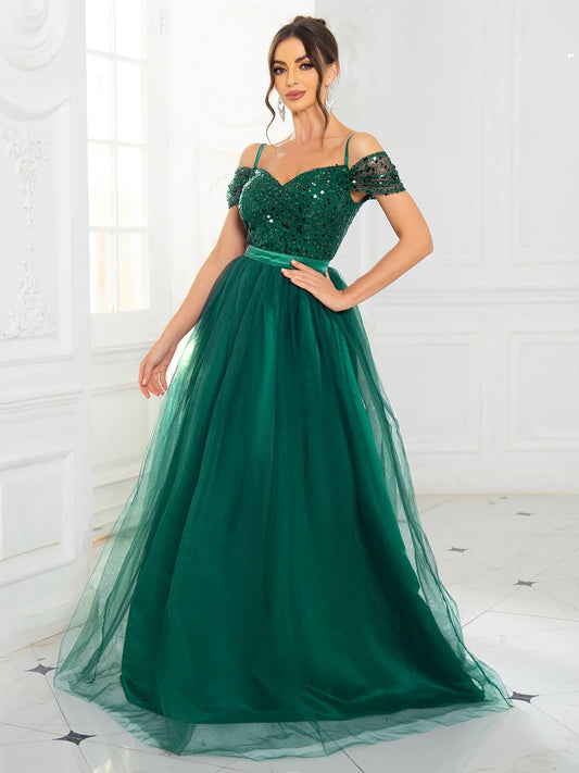 A Line Prom Evening Gown Off the Shoulder Backless Lace Up Sequin Patchwork Mesh Skirt Maxi Dresses for Women