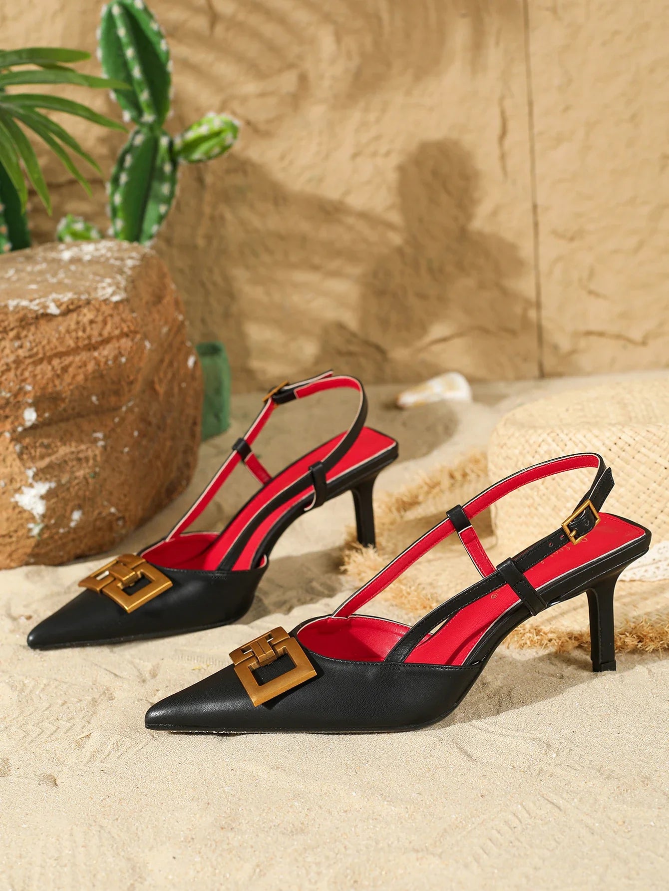 2026 New Women's Sandals Fashion Buckle Design Summer Elegant Pointed-Toe High Heels Outdoor Banquet Open-Back Heels