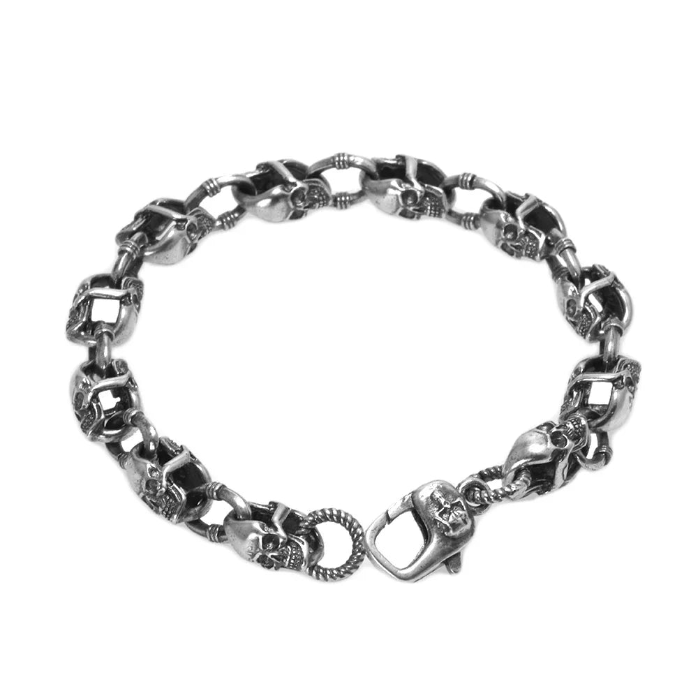 Real 925 Sterling Silver Skull Chain Bracelet for Men and Women Gothic Domineering Street Rock Jewelry Gift