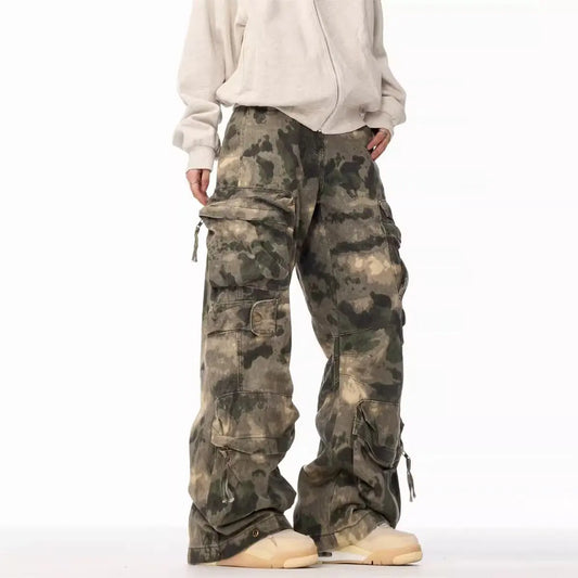 American retro camouflage work pants men's trendy brand high street straight tube loose casual multi pocket wide leg paratrooper