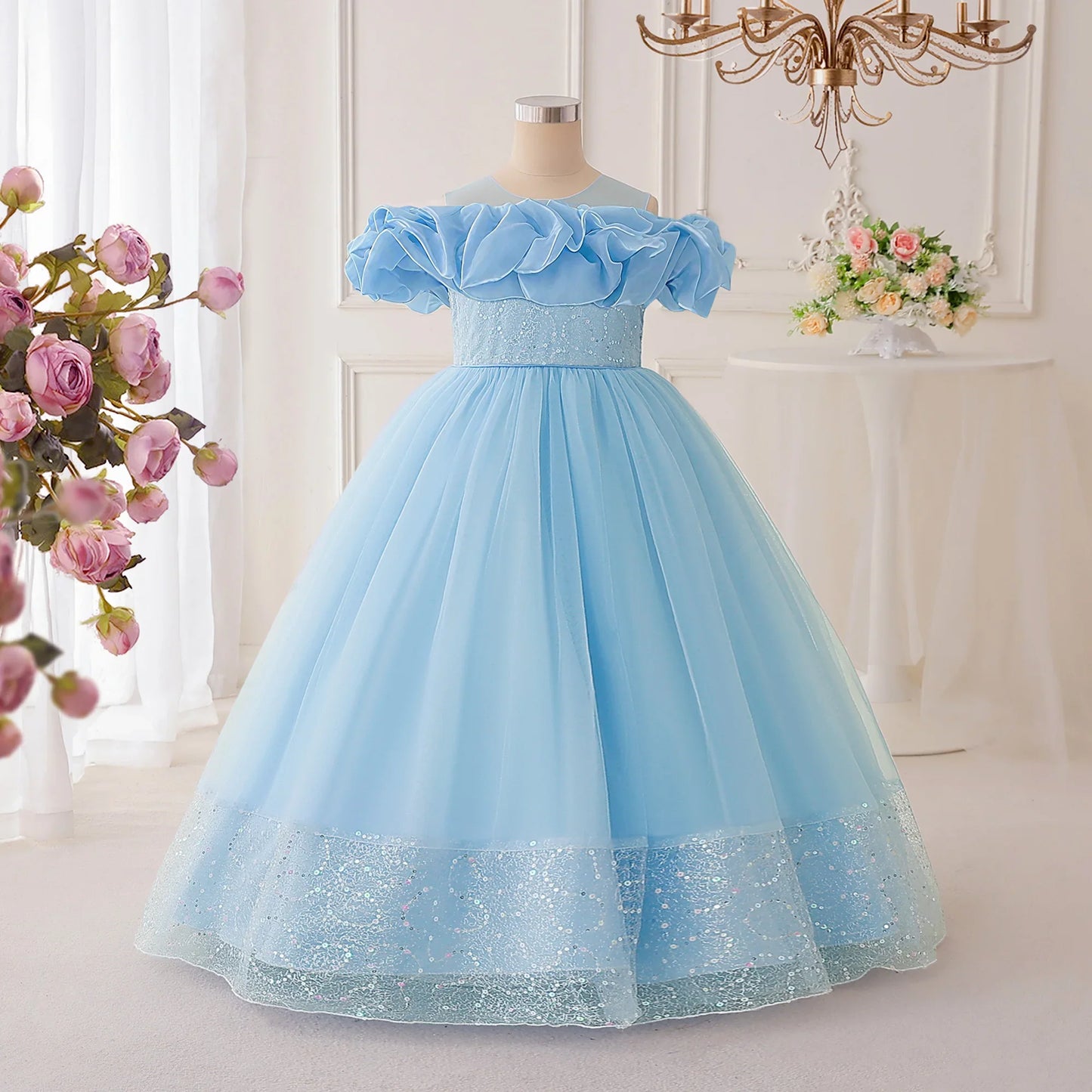 Summer Flower Bridesmaids Party Girls Dress Elegant Sequin Tulle Wedding Princess Prom Dresses for Girl Birthday Evening Costume