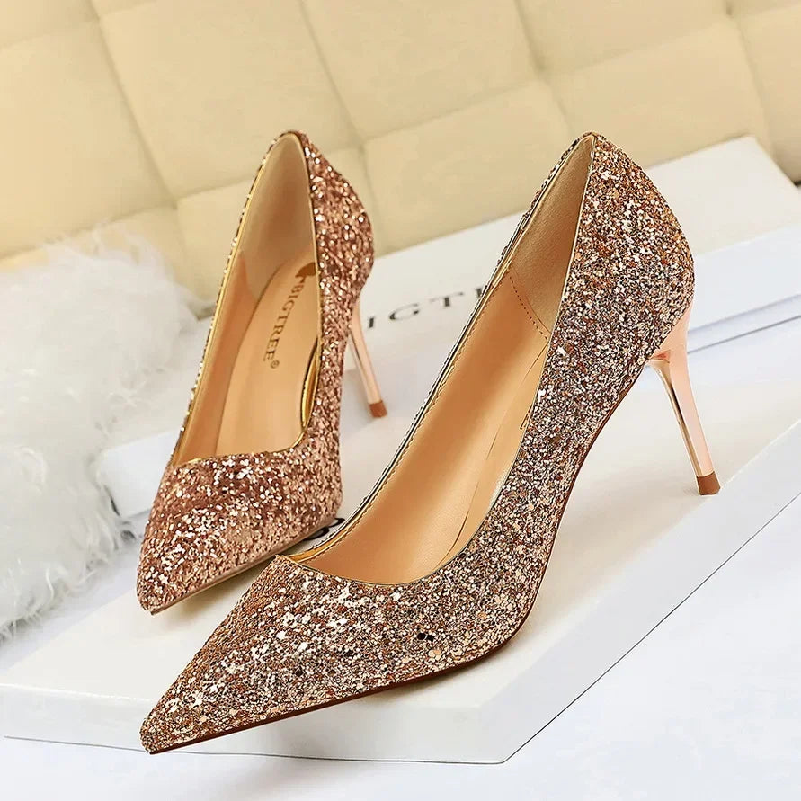 Women Luxury Bling Red Blue Valentine Party Scarpins Pumps Lady Glitter Sequins 7cm 9.5cm High Heels Designer Shoes Plus Size