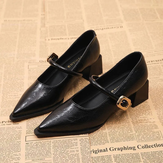 All-Season Women's Chunky Heel Mary Jane Flats - Patent Leather Shallow Cut High Heels, Metal Buckle Decor Commuter Shoes
