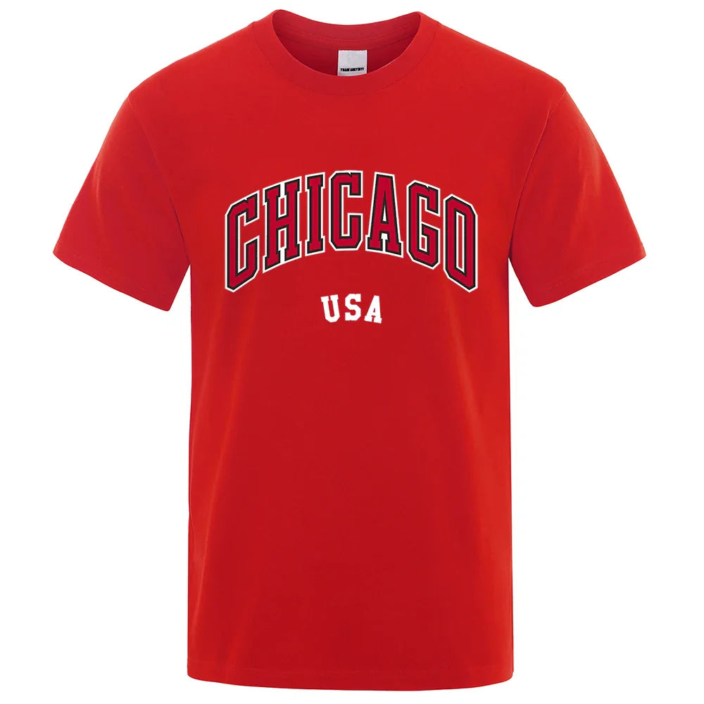 Chicago Usa City Street Letter Printing T Shirts Men Women Cotton Shirt Loose Breathable T Shirts Fashion O-Neck Oversized Tops