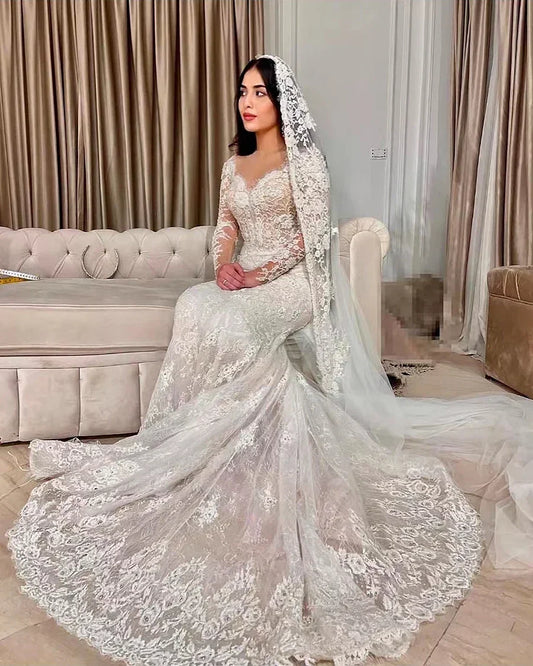 Customized Luxury Mermaid Wedding Dresses Detachable Train Romantic Lace Long Sleeve Bride Dresses For Vestidos De Novia Boda
