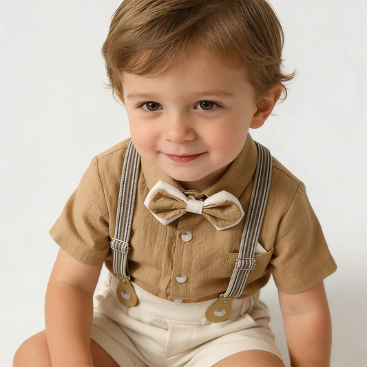 Kids Clothes Set Toddler Boys Gentleman Suit Khaki Short Sleeve Shirt with Bow Tie Shorts Formal Outfit Wedding Birthday Party