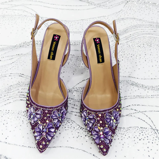 Women's Purple High Heel Party Shoes & Rhinestone Handbag Set - Italian Design for Weddings & Special Occasions
