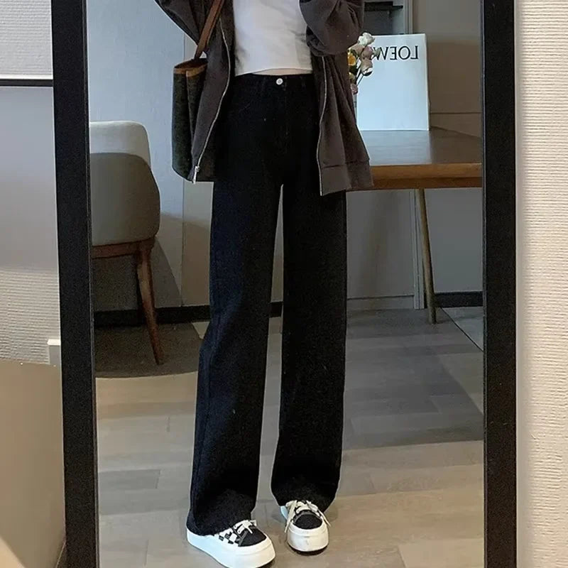 Calça Jeans Casual De Cintura Alta E Perna Larga Retrô Versátil