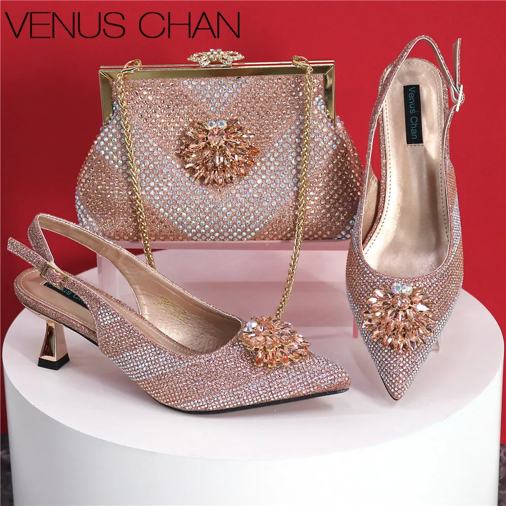 Italian Design Rhinestone Luxury Green Colour Pointed Toe Shoe & Bag Set Women's High Heels for Parties High Quality