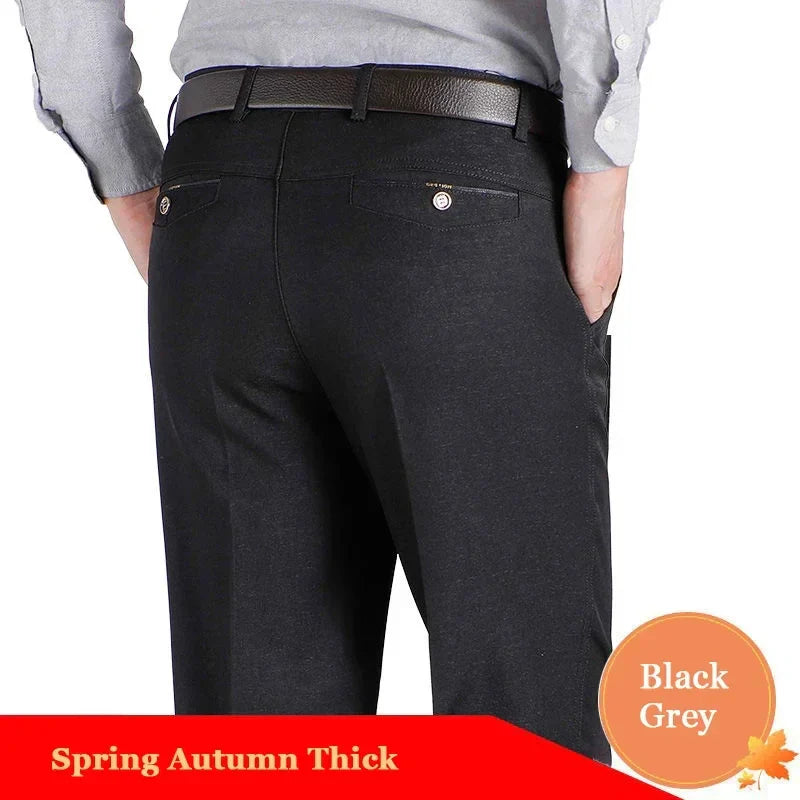 New Arrival Mens Casual Business Pants Man Mid Full Length Soft Trim Brand Trousers Regular Straight Black Grey Large Size 28-40