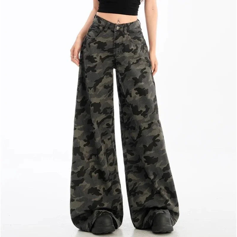 Girls High Waist Vintage Camouflage Jeans Pants