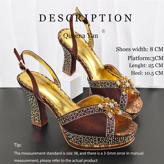Brown Color Marture Party Wedding Peep Toe bigger size Ladies High Heels and Bag Set Decorated With Colorful Rhinestone