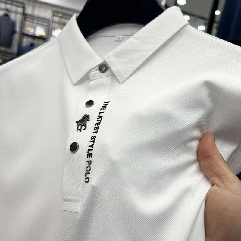 High quality ice silk breathable short sleeve T-shirt Men's 2023 Summer Fashion Embroidery Casual Elastic Comfort polo shirt
