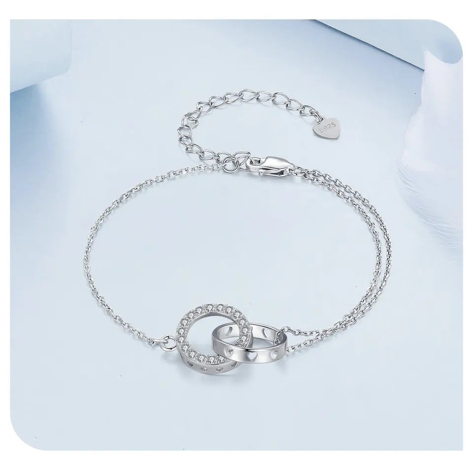 925 Sterling Silver Double Circle Bracelet Eternity Adjustable Chain Link Platinum Plated for Women Valentine's Day Gift