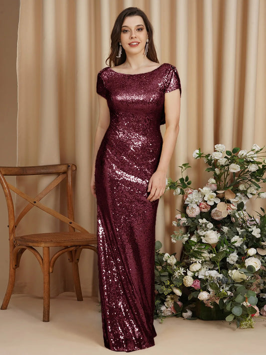 Vestidos de Madrinha com Lantejoulas Cor Champanhe Sereia Ouro Rosê Manga Curta Decote Redondo Vinho Borgonha Vestido de Festa Formal para Convidadas de Casamento de Verão