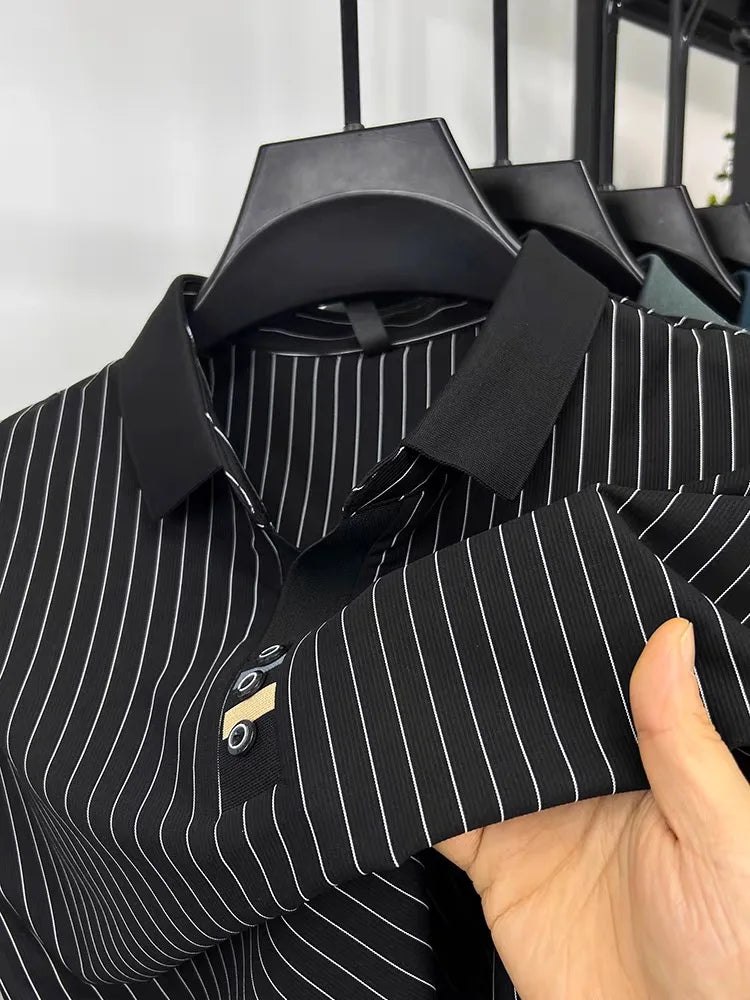 Brand striped design men's short sleeve fashionable polo shirt 2024 summer new cool and breathable casual lapel golf T-shirt