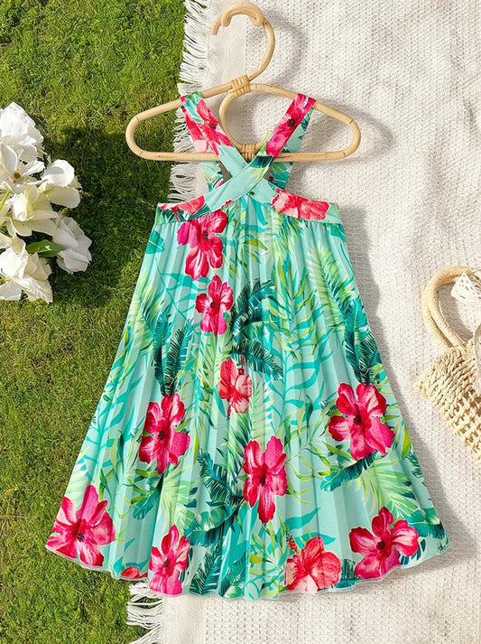 Girls' vacation style cross shoulder strap dress with tropical plant pattern pleated skirt lively and fresh beach travel