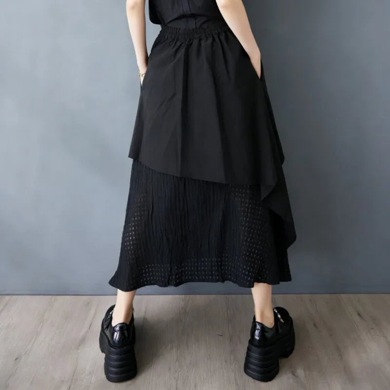 Spring And Summer Woman Hollow-out Splicing Irregular Fashion Loose Patchwork Drawstring Elastic Waist Pleated Umbrella Skirt