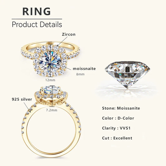 8mm 2ct Moissanite Halo Ring Certified 925 Sterling Silver Engagement Rings For Women Girls Wedding Party Jewelry Gift
