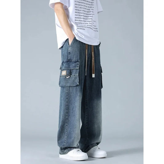 Summer Men's Straight Jeans Multi-Pockets Wide Leg Denim Cargo Pants 8XL 7XL 6XL Big Size Lightweight Baggy Solid Jeans Trousers
