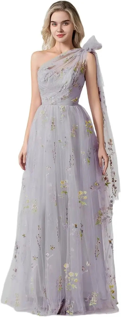 Vestido Longo de Formatura Feminino Elegante de Um Ombro Só com Bordado Floral em Tule, Modelo Godê para Festas de Gala