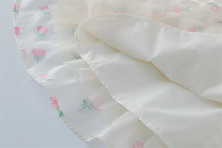 2024 Summer New Girls Princess Dress Full Print Flowers Puff Sleeve Bow Mesh DresseTutu Birthday Party Gown For 2-12 Years Kids