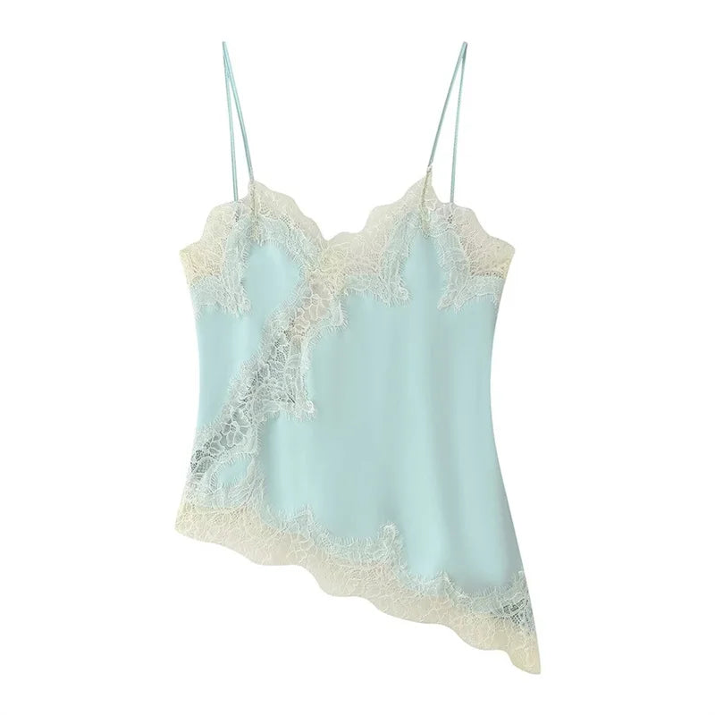 Women Lace Trim Satin Camisole V Neck Spaghetti Strap Backless Asymmetrical Tops Trendy Summer Streetwear