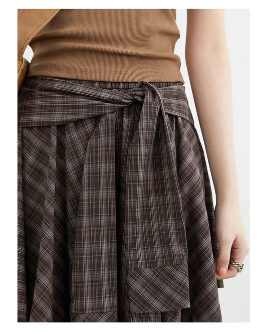 Women Skirts A Line Elastic Waist Strap Ties Irregular Plaid Half Length Skirt Female Short Skirt Woman Summer 2025