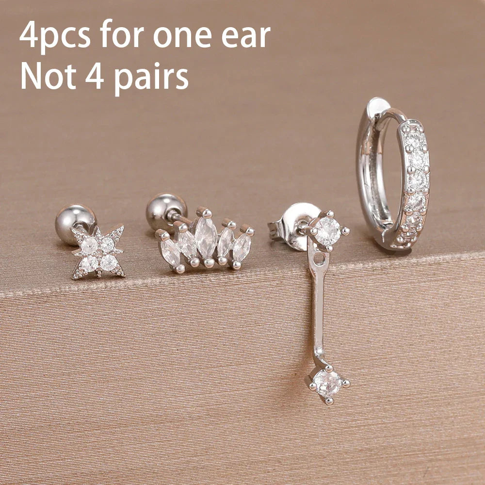 4PCS Stainless Steel Circle Huggie Hoop Earrings Set for Women Gold Color Unique Zircon Flower Stud Earring Piercing Jewelry