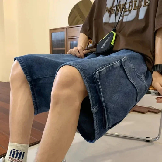 Summer Men Denim Short Streetwear Vintage Korean Harajuku Pocket Jeans Shorts Hip Hop Cargo Pants Oversized Bottoms